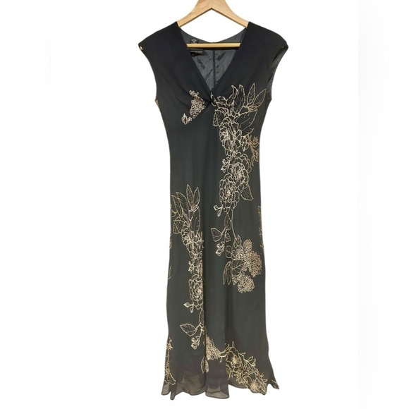 Jones New York 90s Y2K Black Midi Dress Black & Tan Size 4 Floral Print Babydoll - Picture 1 of 10
